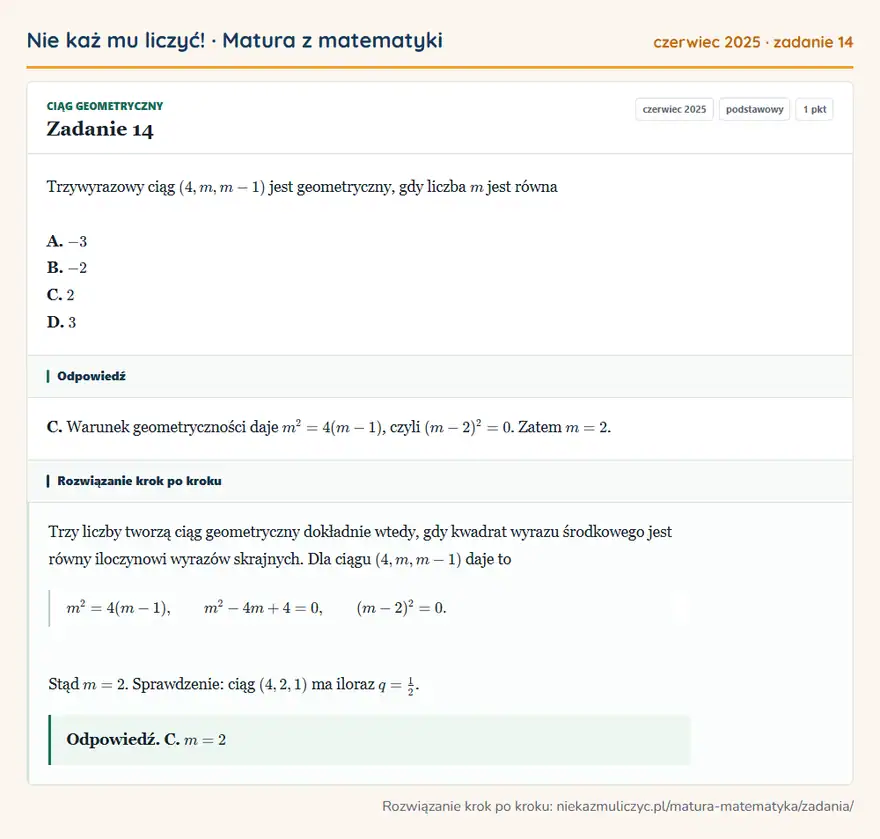 Rozwiązanie zadania 14 (matura z matematyki czerwiec 2025): Trzywyrazowy ciąg (4,m,m-1) jest geometryczny, gdy liczba m jest równa A. -3 B. -2 C. 2 D. 3