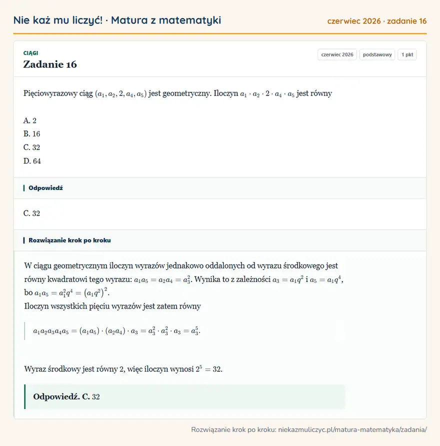 Rozwiązanie zadania 16 (matura z matematyki czerwiec 2026): Pięciowyrazowy ciąg (a1, a2, 2, a4, a5) jest geometryczny. Iloczyn a1 · a2 · 2 · a4 · a5 jest równy A. 2 B…
