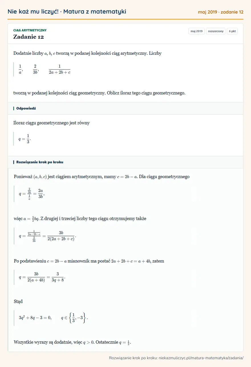 Rozwiązanie zadania 12 (matura z matematyki maj 2019): Dodatnie liczby a, b, c tworzą w podanej kolejności ciąg arytmetyczny. Liczby 1a, 23b, 12a+2b+c tworzą w…