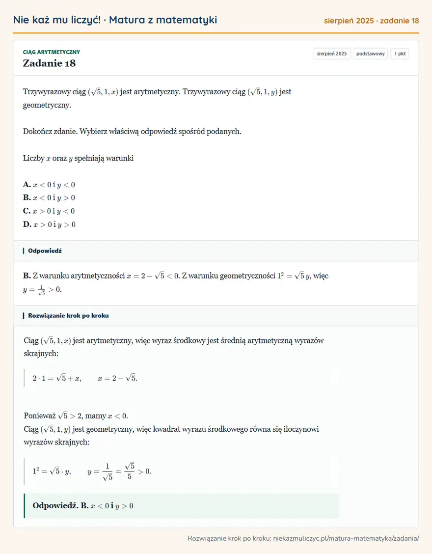 Rozwiązanie zadania 18 (matura z matematyki sierpień 2025): Trzywyrazowy ciąg (√5,1,x) jest arytmetyczny. Trzywyrazowy ciąg (√5,1,y) jest geometryczny. Dokończ zdanie…