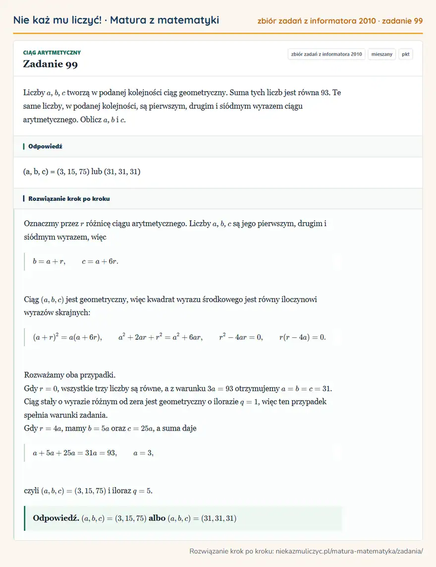 Rozwiązanie zadania 99 (zbiór zadań z informatora CKE 2010): Liczby a, b, c tworzą w podanej kolejności ciąg geometryczny. Suma tych liczb jest równa 93. Te same liczby…