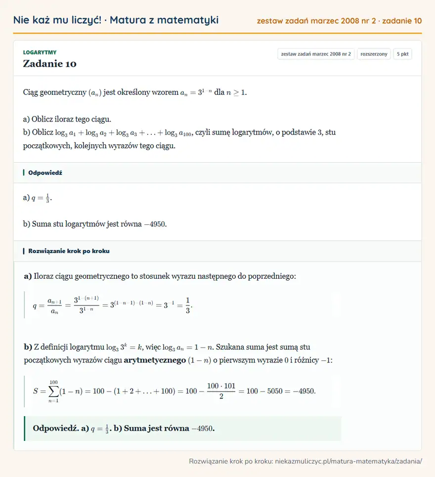 Rozwiązanie zadania 10 (matura z matematyki zestaw zadań marzec 2008 nr 2): Ciąg geometryczny (an) jest określony wzorem an=3¹-n dla n≥ 1. a) Oblicz iloraz tego ciągu. b) Oblicz…
