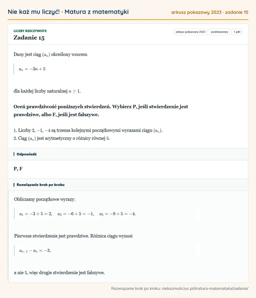 Rozwiązanie zadania 15 (matura z matematyki, arkusz pokazowy 2023): Dany jest ciąg (an) określony wzorem an=-3n+5 dla każdej liczby naturalnej n≥1. Oceń prawdziwość poniższych…