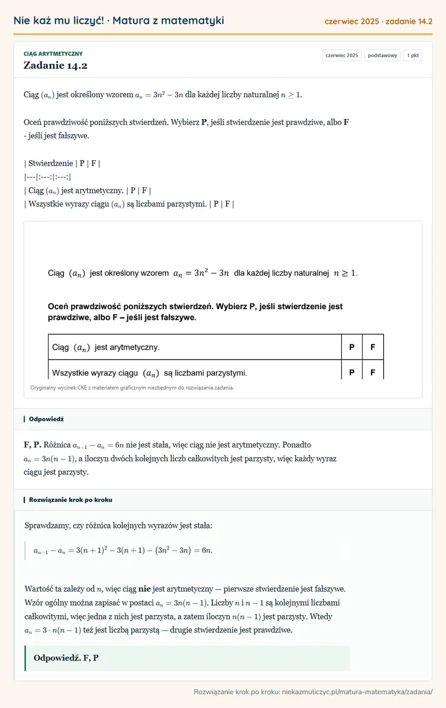 Rozwiązanie zadania 14.2 (matura z matematyki czerwiec 2025): Ciąg (an) jest określony wzorem an=3n²-3n dla każdej liczby naturalnej n≥1. Oceń prawdziwość poniższych…