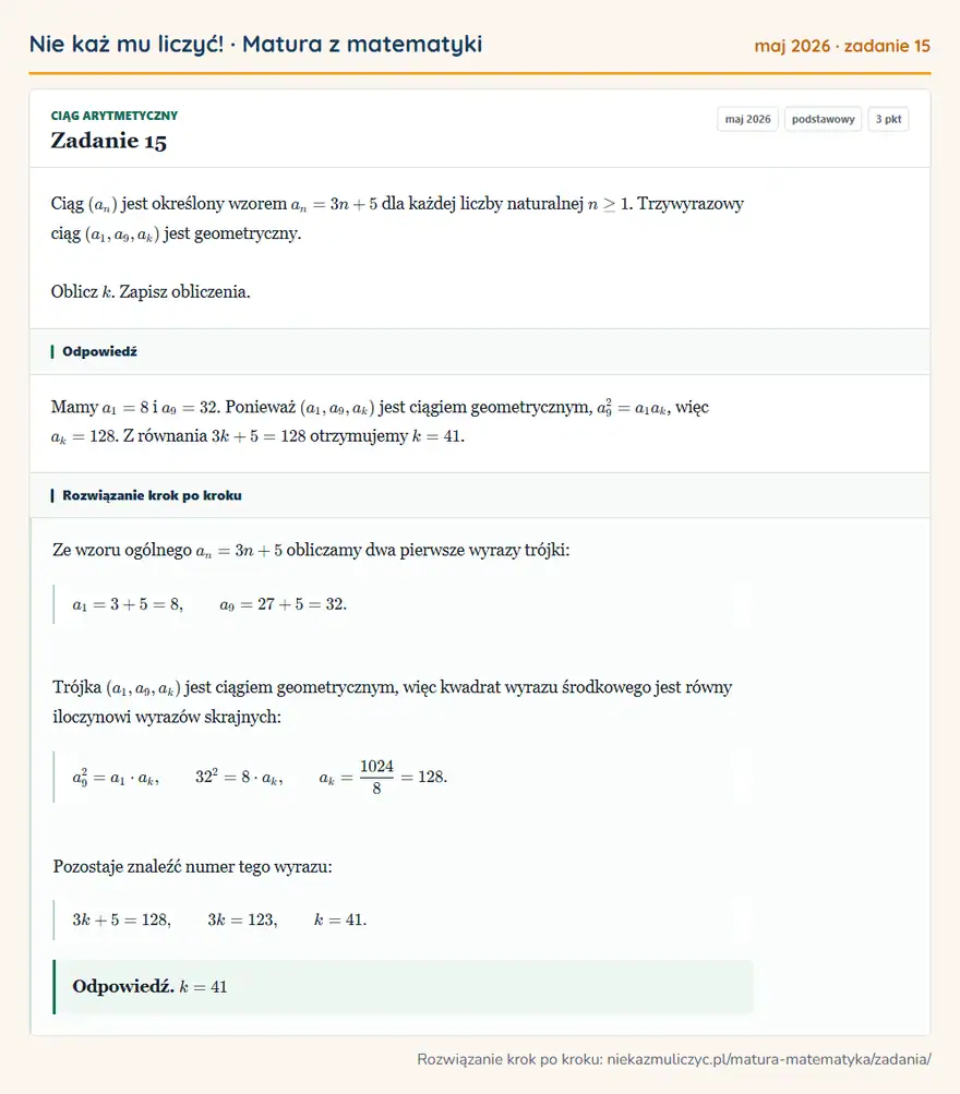 Rozwiązanie zadania 15 (matura z matematyki maj 2026): Ciąg (an) jest określony wzorem an=3n+5 dla każdej liczby naturalnej n≥1. Trzywyrazowy ciąg (a1,a9,ak) jest…