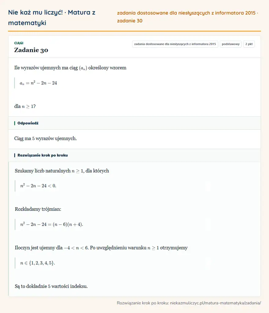 Rozwiązanie zadania 30 (zbiór zadań z informatora CKE 2015): Ile wyrazów ujemnych ma ciąg (an) określony wzorem an=n²-2n-24 dla n≥1?
