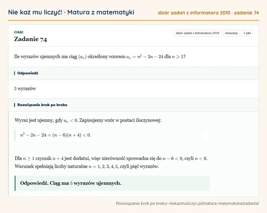 Rozwiązanie zadania 74, zbiór zadań z informatora CKE 2010, poziom mieszany: Ile wyrazów ujemnych ma ciąg (an) określony wzorem an=n²-2n-24 dla n≥slant1? Odpowiedź: 5 wyrazów