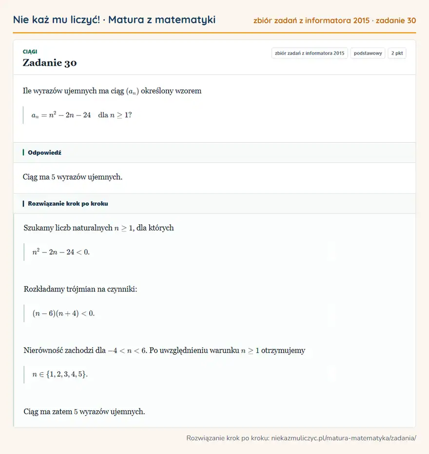 Rozwiązanie zadania 30 (zbiór zadań z informatora CKE 2015): Ile wyrazów ujemnych ma ciąg (an) określony wzorem an=n²-2n-24 dla n≥1?