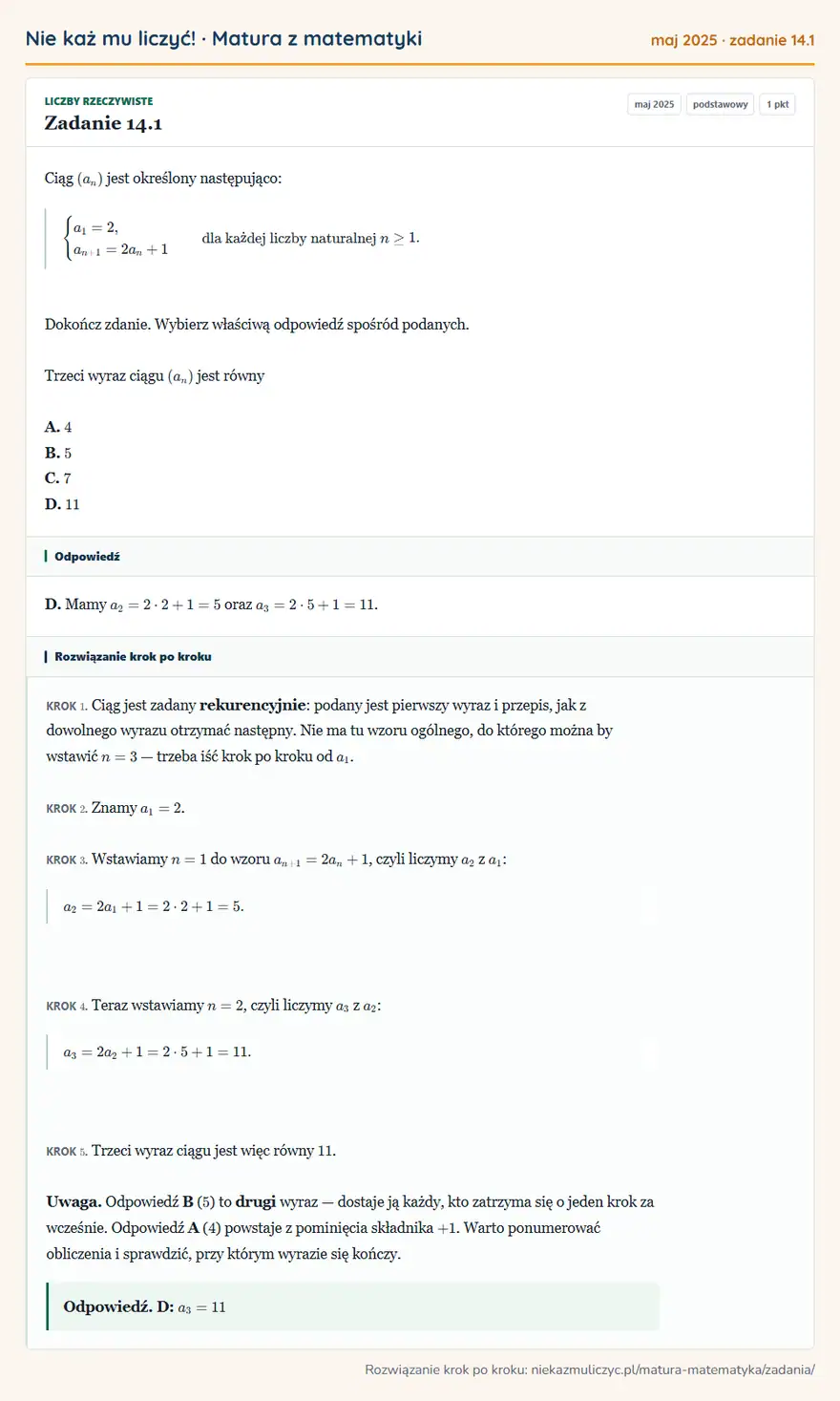 Rozwiązanie zadania 14.1 (matura z matematyki maj 2025): Ciąg (an) jest określony następująco: casesa1=2,\+1=2an+1cases dla każdej liczby naturalnej n≥1. Dokończ…