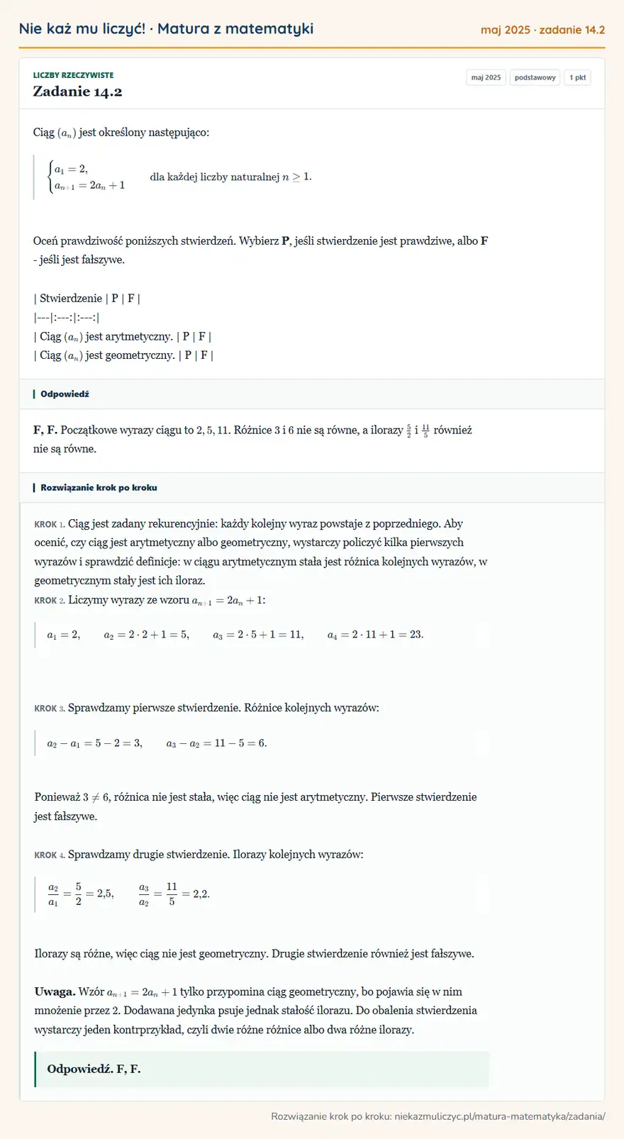 Rozwiązanie zadania 14.2, matura z matematyki maj 2025, poziom podstawowy: Ciąg (an) jest określony następująco: casesa1=2,\+1=2an+1cases dla każdej liczby naturalnej n≥1. Oceń…