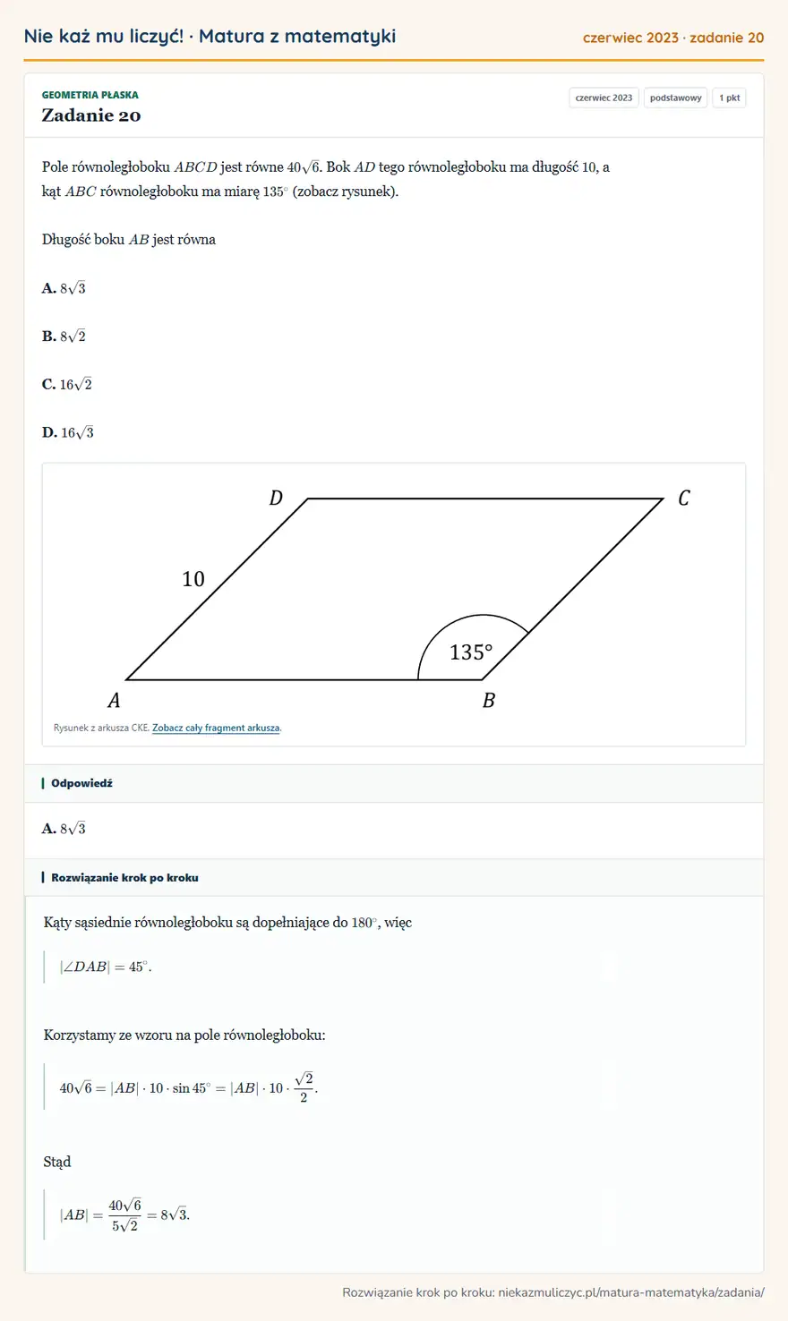 Rozwiązanie zadania 20 (matura z matematyki czerwiec 2023): Pole równoległoboku ABCD jest równe 40√6. Bok AD tego równoległoboku ma długość 10, a kąt ABC równoległoboku…
