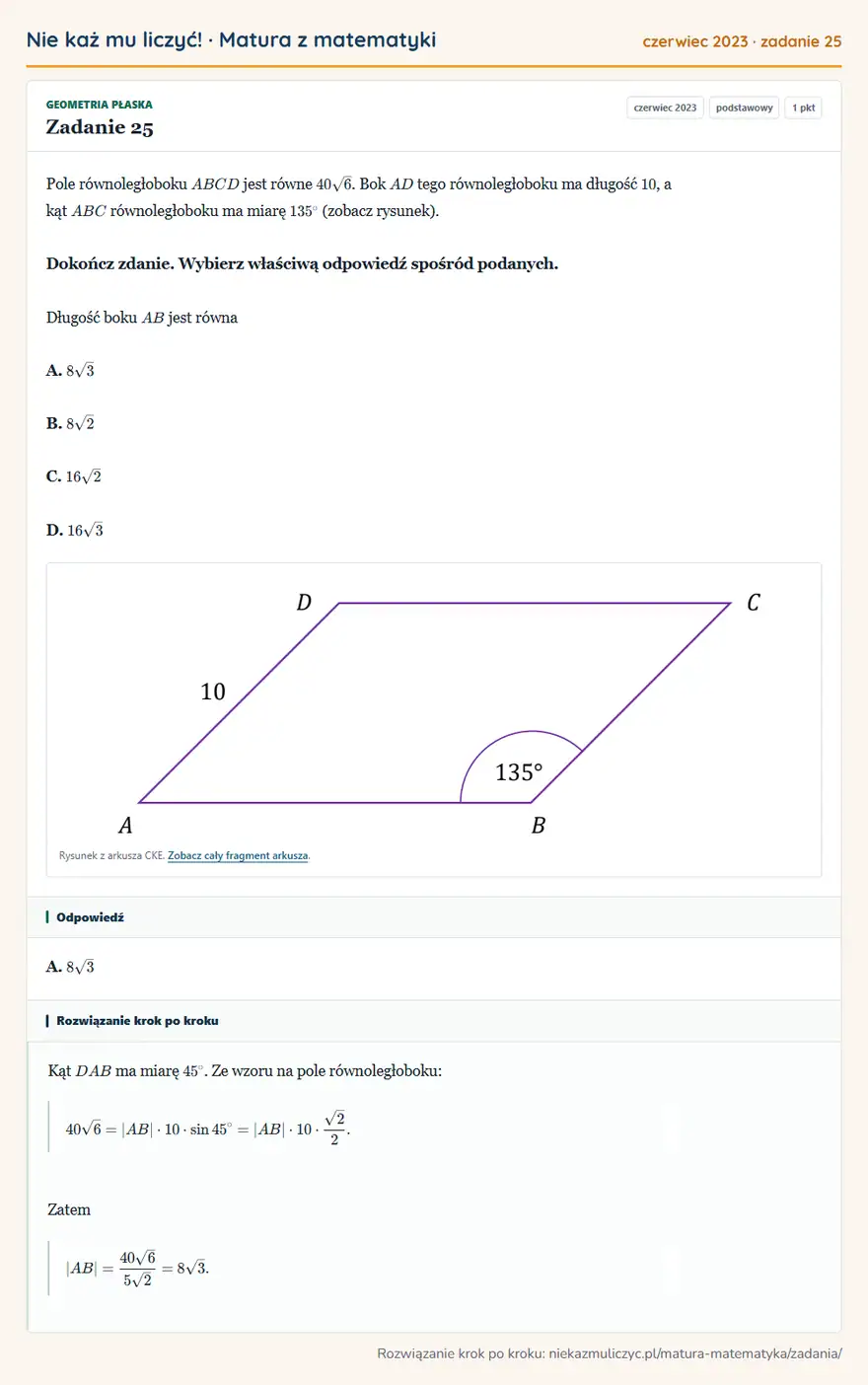 Rozwiązanie zadania 25 (matura z matematyki czerwiec 2023): Pole równoległoboku ABCD jest równe 40√6. Bok AD tego równoległoboku ma długość 10, a kąt ABC równoległoboku…