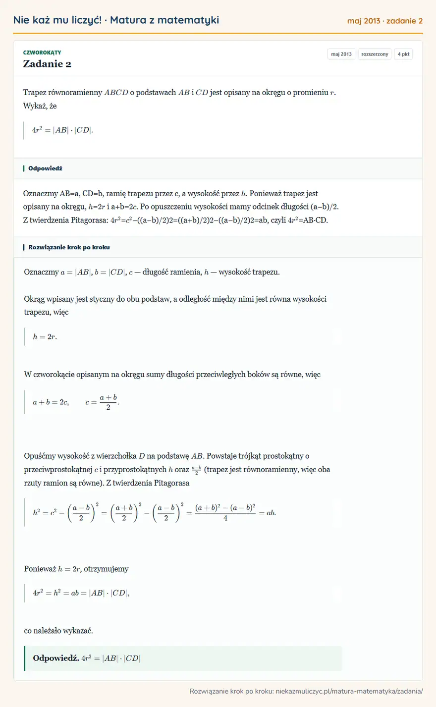 Rozwiązanie zadania 2 (matura z matematyki maj 2013): Trapez równoramienny ABCD o podstawach AB i CD jest opisany na okręgu o promieniu r. Wykaż, że 4r²=|AB|·|CD|.