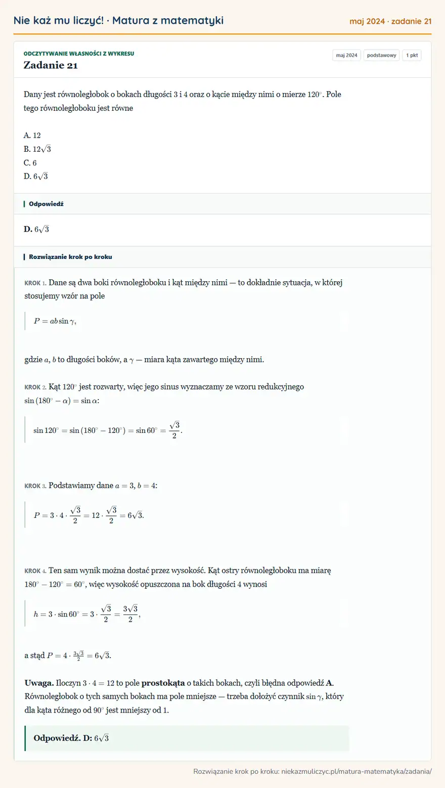 Rozwiązanie zadania 21 (matura z matematyki maj 2024): Dany jest równoległobok o bokach długości 3 i 4 oraz o kącie między nimi o mierze 120°. Pole tego…