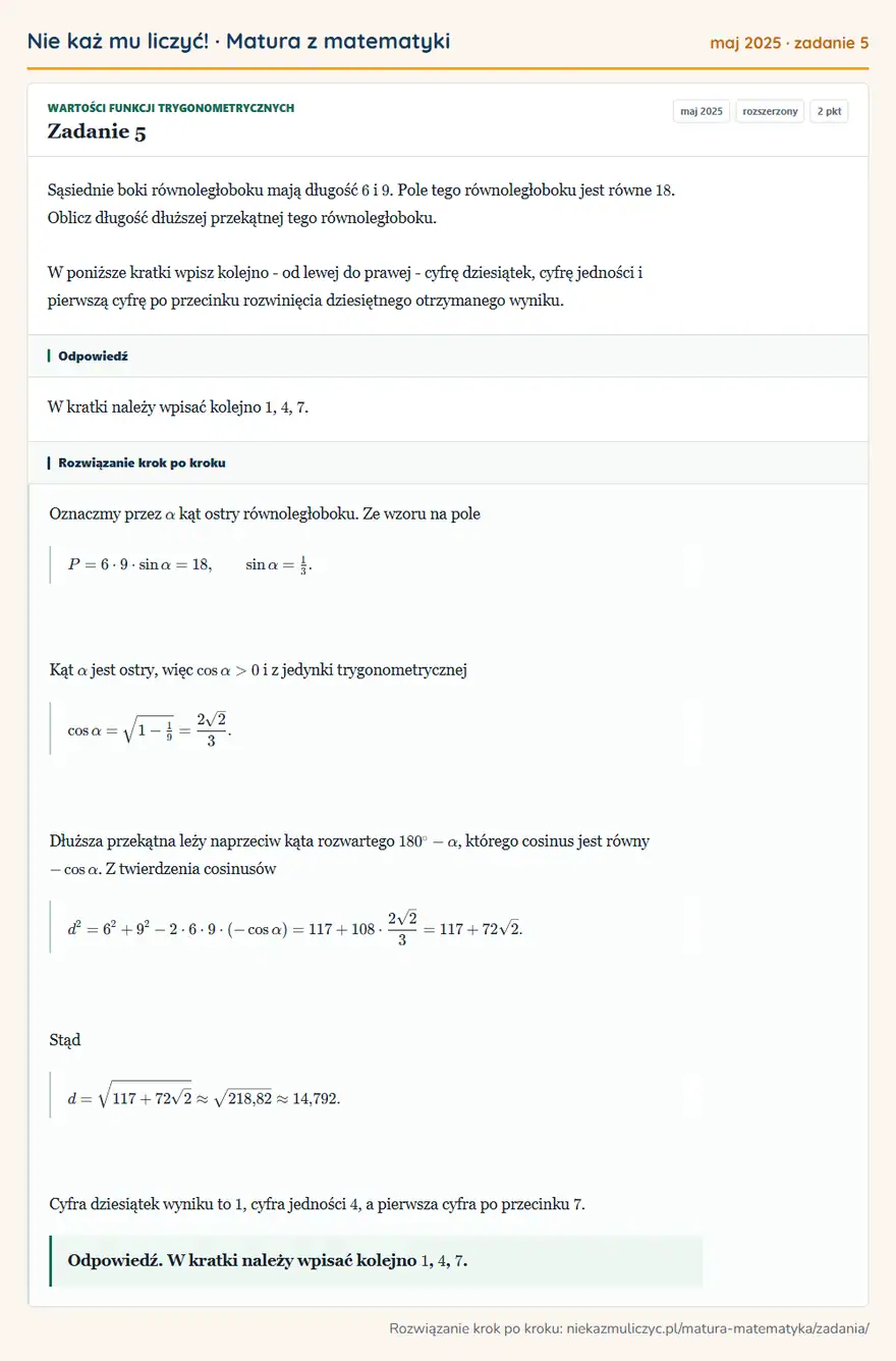 Rozwiązanie zadania 5 (matura z matematyki maj 2025): Sąsiednie boki równoległoboku mają długość 6 i 9. Pole tego równoległoboku jest równe 18. Oblicz długość…