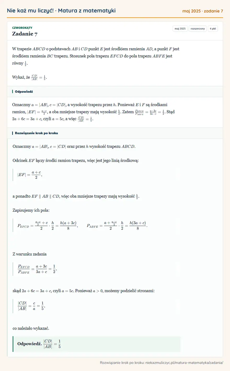 Rozwiązanie zadania 7 (matura z matematyki maj 2025): W trapezie ABCD o podstawach AB i CD punkt E jest środkiem ramienia AD, a punkt F jest środkiem ramienia BC…