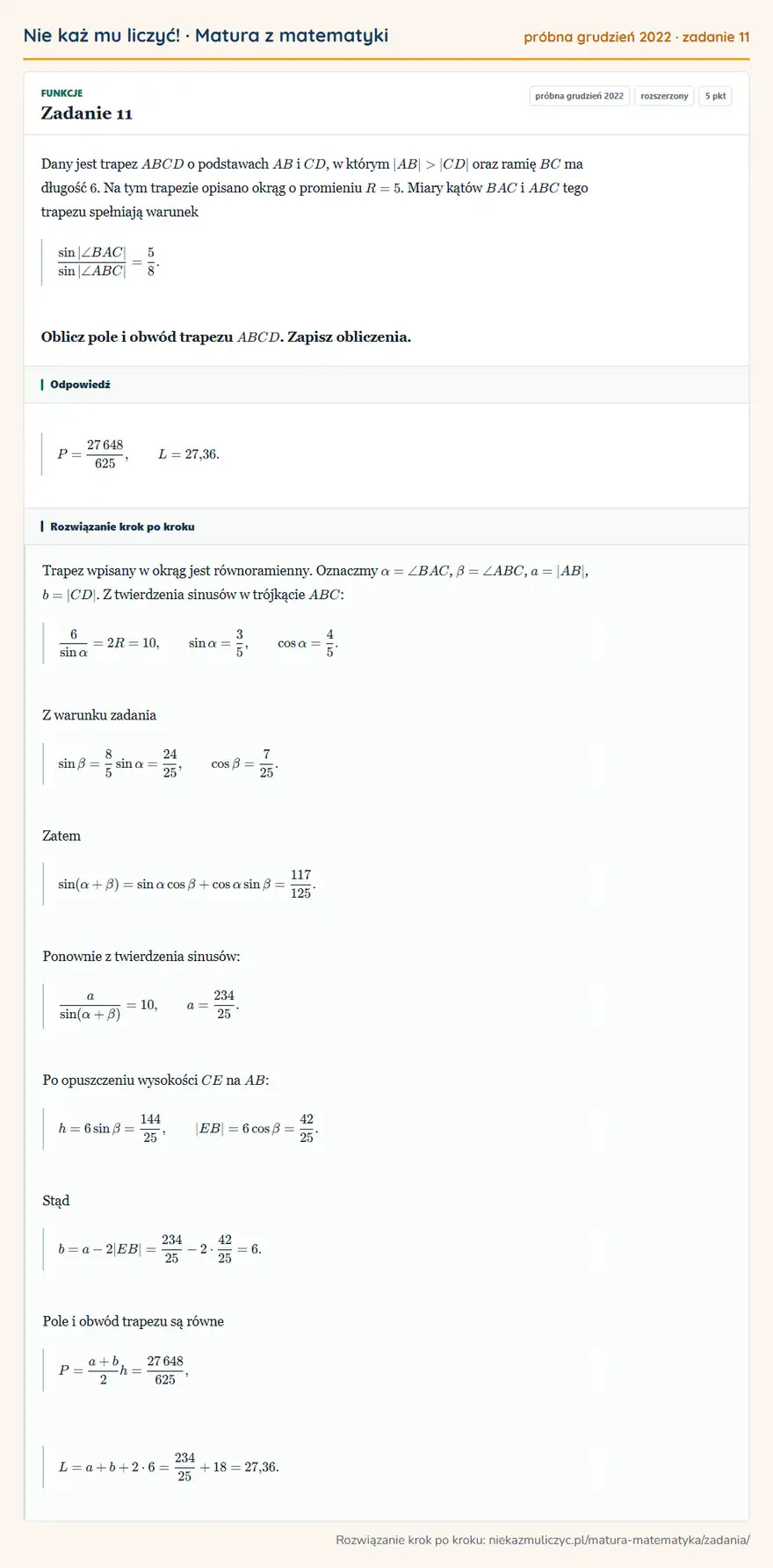 Rozwiązanie zadania 11 (matura z matematyki próbna grudzień 2022): Dany jest trapez ABCD o podstawach AB i CD, w którym |AB|>|CD| oraz ramię BC ma długość 6. Na tym trapezie…