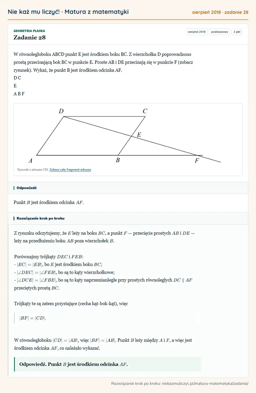 Rozwiązanie zadania 28 (matura z matematyki sierpień 2018): W równoległoboku ABCD punkt E jest środkiem boku BC. Z wierzchołka D poprowadzono prostą przecinającą bok BC…