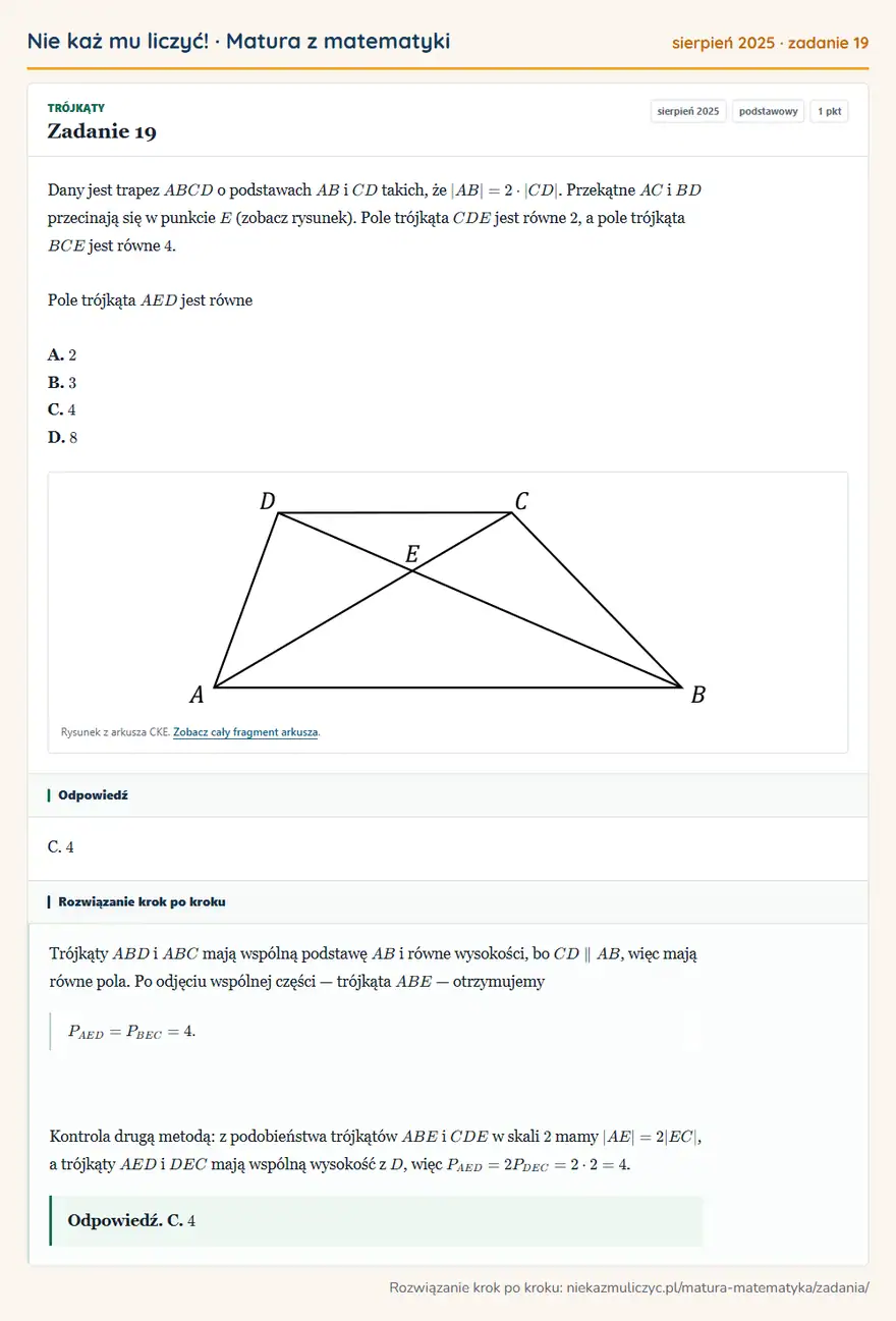 Rozwiązanie zadania 19 (matura z matematyki sierpień 2025): Dany jest trapez ABCD o podstawach AB i CD takich, że |AB|=2·|CD|. Przekątne AC i BD przecinają się w punkcie…