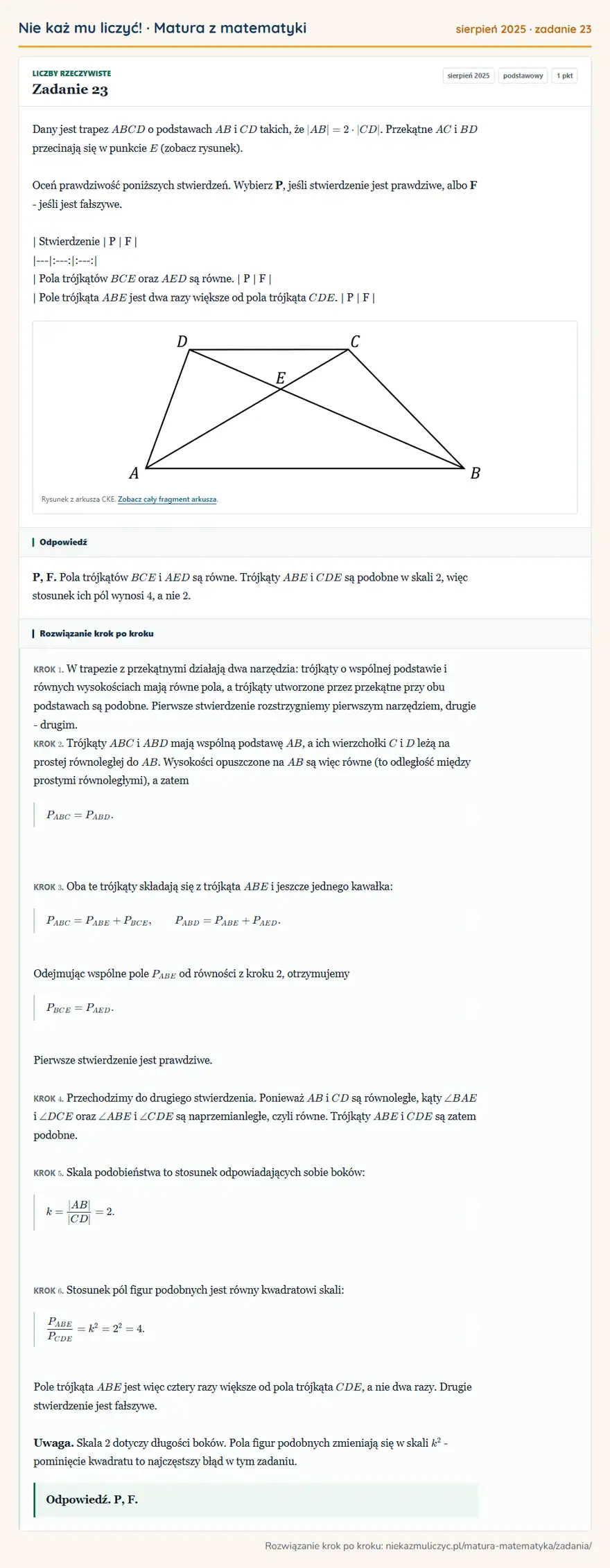 Rozwiązanie zadania 23, matura z matematyki sierpień 2025, poziom podstawowy: Dany jest trapez ABCD o podstawach AB i CD takich, że |AB|=2·|CD|. Przekątne AC i BD przecinają się w punkcie…