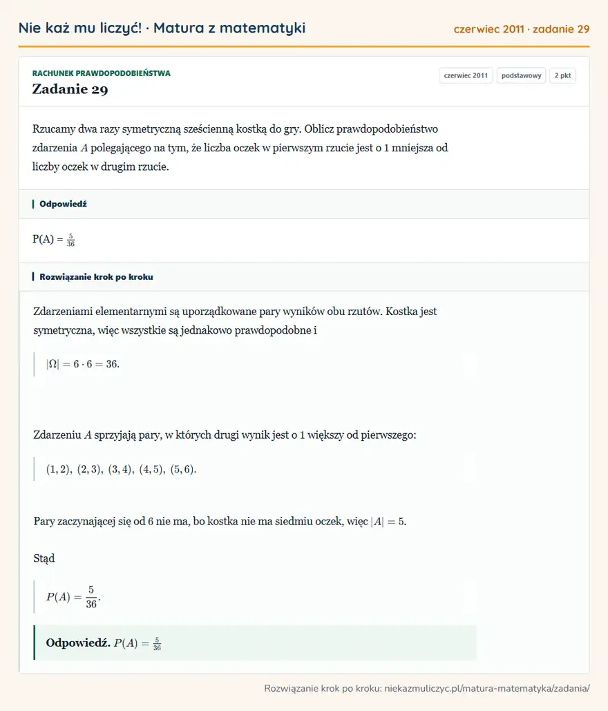 Rozwiązanie zadania 29 (matura z matematyki czerwiec 2011): Rzucamy dwa razy symetryczną sześcienną kostką do gry. Oblicz prawdopodobieństwo zdarzenia A polegającego na…