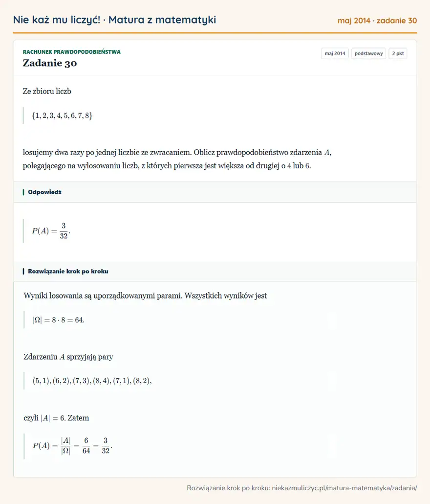 Rozwiązanie zadania 30 (matura z matematyki maj 2014): Ze zbioru liczb \1,2,3,4,5,6,7,8 losujemy dwa razy po jednej liczbie ze zwracaniem. Oblicz prawdopodobieństwo…