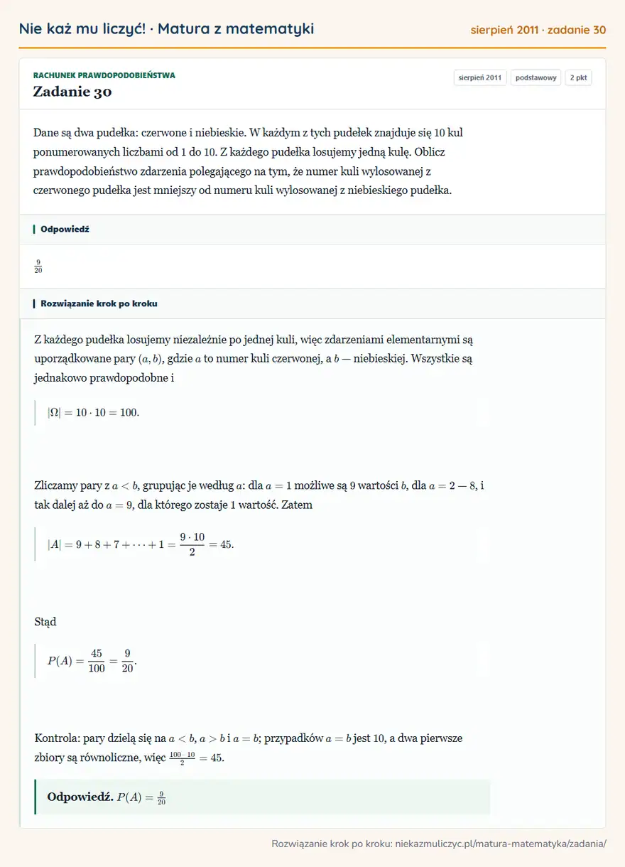 Rozwiązanie zadania 30, matura z matematyki sierpień 2011, poziom podstawowy: Dane są dwa pudełka: czerwone i niebieskie. W każdym z tych pudełek znajduje się 10 kul ponumerowanych… Odpowiedź: 9/20