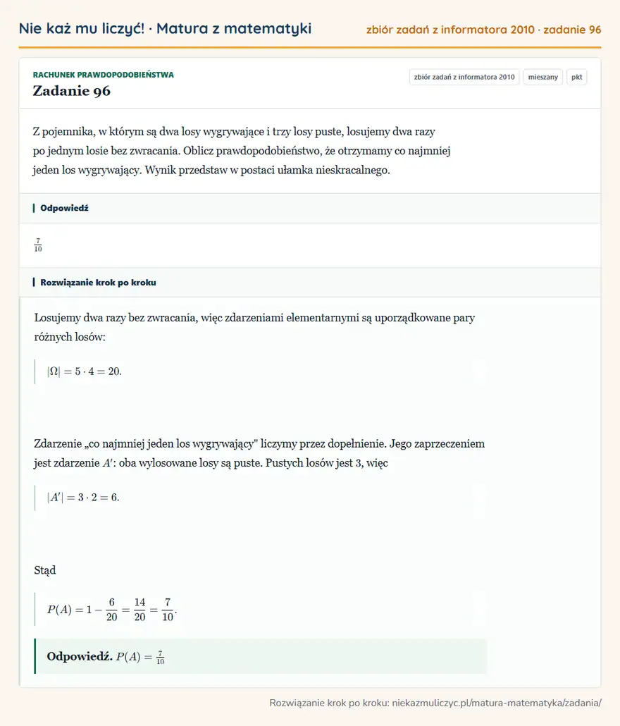 Rozwiązanie zadania 96 (zbiór zadań z informatora CKE 2010): Z pojemnika, w którym są dwa losy wygrywające i trzy losy puste, losujemy dwa razy po jednym losie bez…
