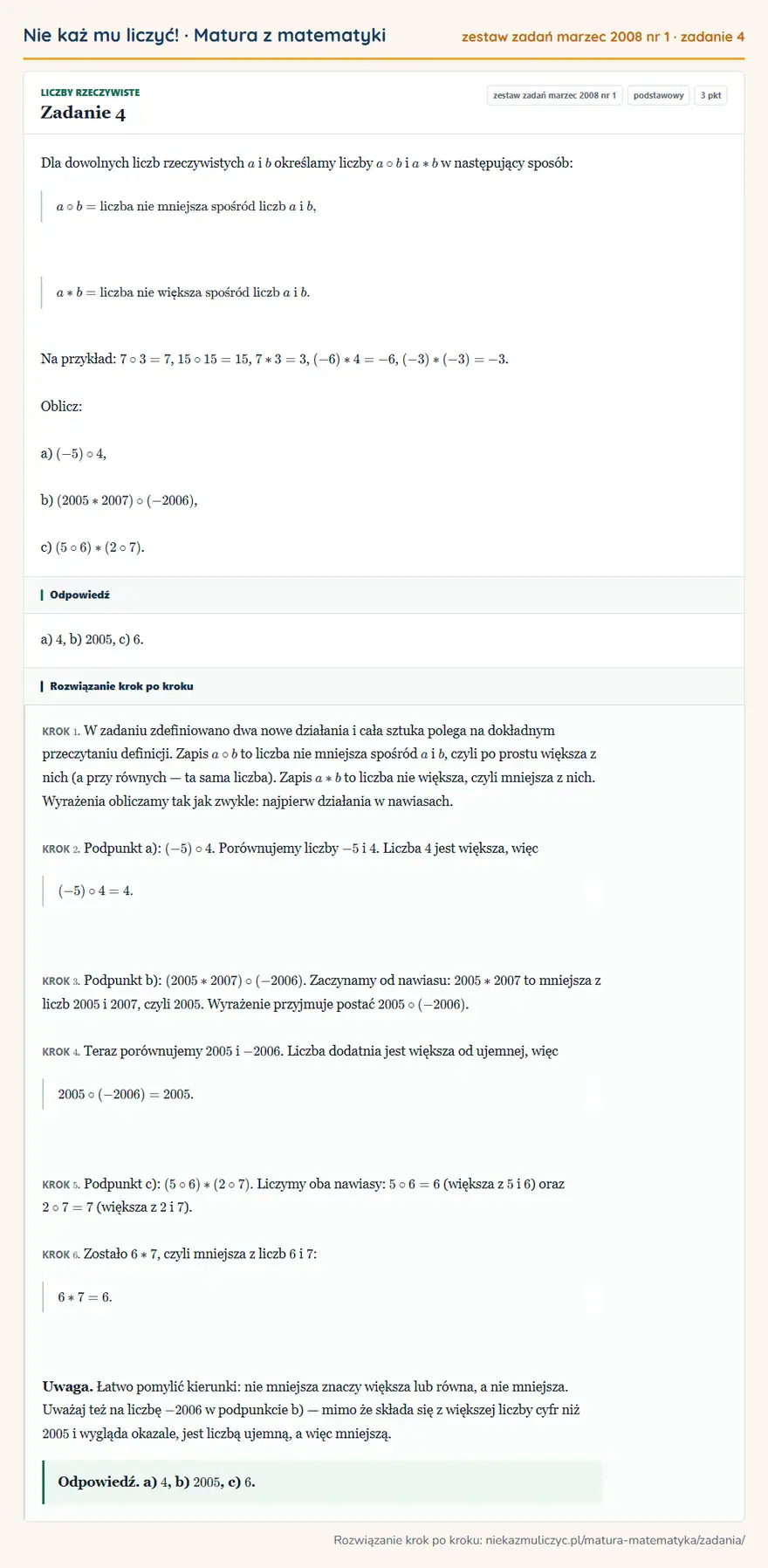 Rozwiązanie zadania 4 (matura z matematyki zestaw zadań marzec 2008 nr 1): Dla dowolnych liczb rzeczywistych a i b określamy liczby a° b i a*b w następujący sposób: a° b=liczba nie…