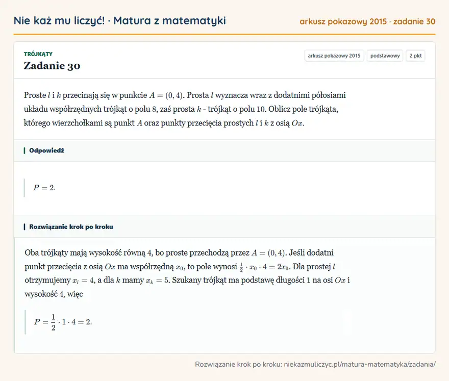 Rozwiązanie zadania 30, matura z matematyki, arkusz pokazowy 2015, poziom podstawowy: Proste l i k przecinają się w punkcie A=(0,4). Prosta l wyznacza wraz z dodatnimi półosiami układu… Odpowiedź: P=2