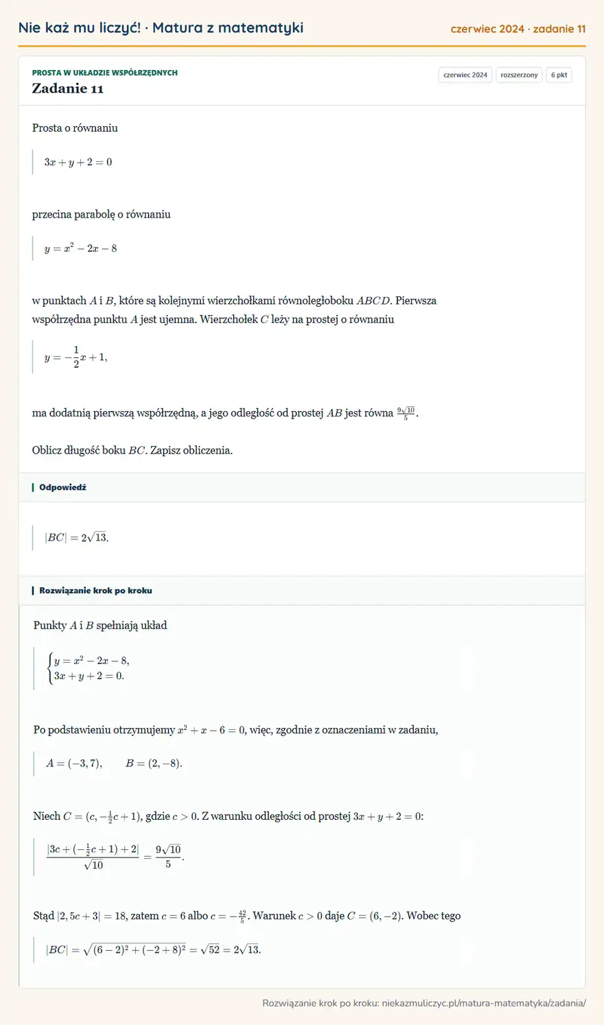 Rozwiązanie zadania 11 (matura z matematyki czerwiec 2024): Prosta o równaniu 3x+y+2=0 przecina parabolę o równaniu y=x²-2x-8 w punktach A i B, które są kolejnymi…