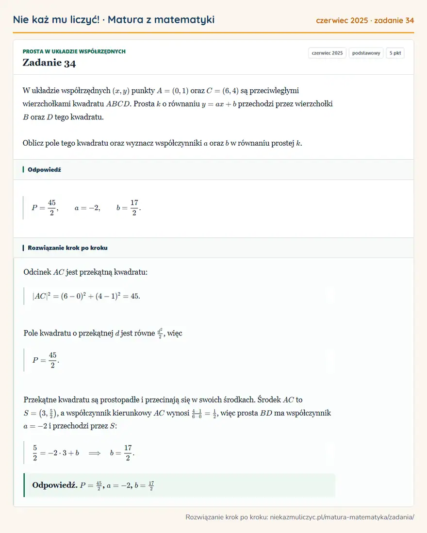 Rozwiązanie zadania 34 (matura z matematyki czerwiec 2025): W układzie współrzędnych (x,y) punkty A=(0,1) oraz C=(6,4) są przeciwległymi wierzchołkami kwadratu ABCD…
