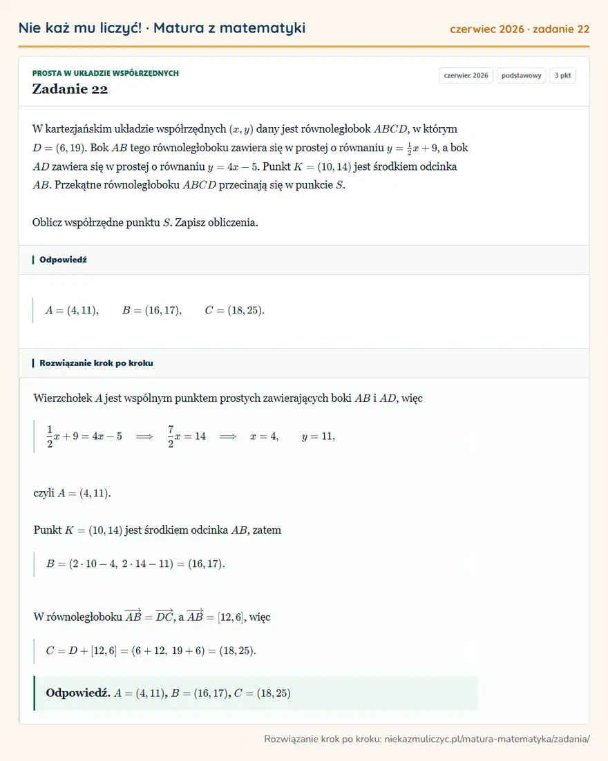 Rozwiązanie zadania 22 (matura z matematyki czerwiec 2026): W kartezjańskim układzie współrzędnych (x,y) dany jest równoległobok ABCD, w którym D=(6,19). Bok AB tego…