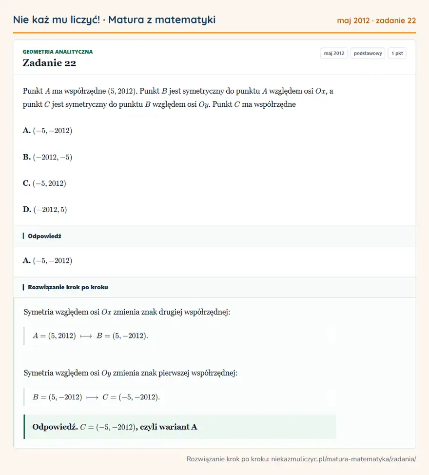Rozwiązanie zadania 22 (matura z matematyki maj 2012): Punkt A ma współrzędne (5,2012). Punkt B jest symetryczny do punktu A względem osi Ox, a punkt C jest…