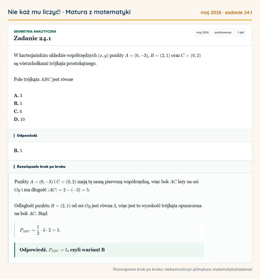 Rozwiązanie zadania 24.1 (matura z matematyki maj 2026): W kartezjańskim układzie współrzędnych (x,y) punkty A=(0,-3), B=(2,1) oraz C=(0,2) są wierzchołkami trójkąta…