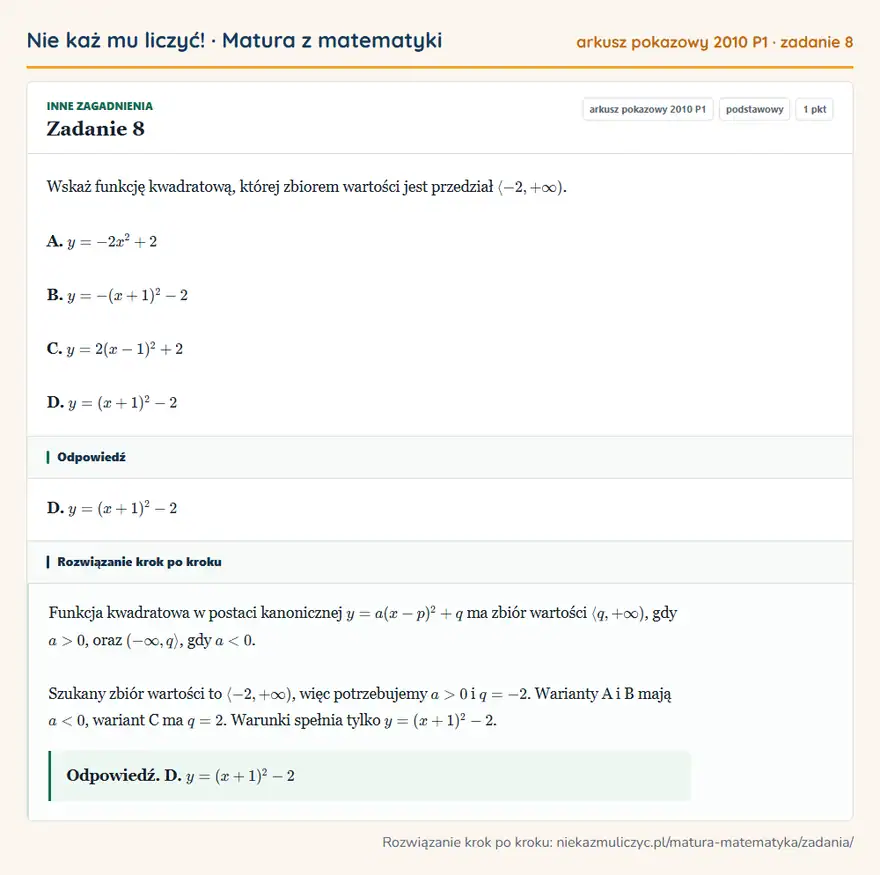 Rozwiązanie zadania 8 (matura z matematyki, arkusz pokazowy 2010 P1): Wskaż funkcję kwadratową, której zbiorem wartości jest przedział -2,+∞). A. y=-2x²+2 B. y=-(x+1)²-2 C…