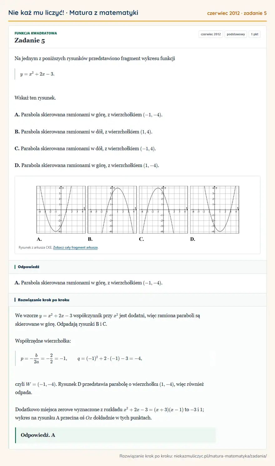 Rozwiązanie zadania 5 (matura z matematyki czerwiec 2012): Na jednym z poniższych rysunków przedstawiono fragment wykresu funkcji y=x²+2x-3. Wskaż ten rysunek. A…