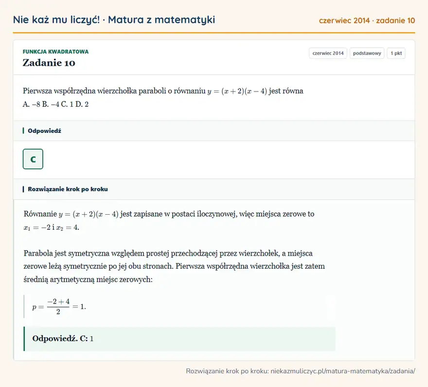 Rozwiązanie zadania 10 (matura z matematyki czerwiec 2014): Pierwsza współrzędna wierzchołka paraboli o równaniu y = ( x + 2) ( x - 4) jest równa A. − 8 B. − 4 C. 1 D. 2
