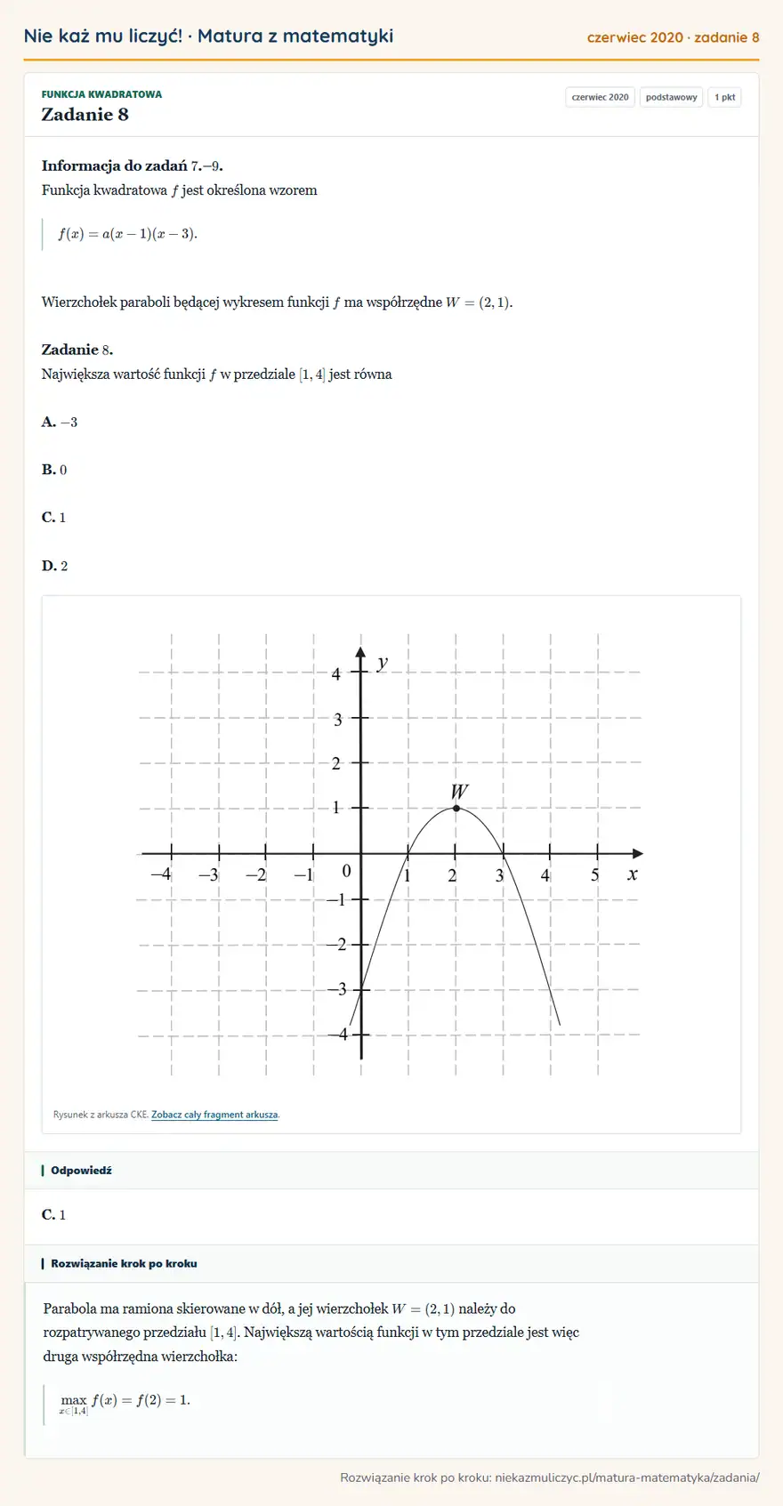 Rozwiązanie zadania 8 (matura z matematyki czerwiec 2020): Informacja do zadań 7.– 9. Funkcja kwadratowa f jest określona wzorem f(x)=a(x-1)(x-3). Wierzchołek paraboli…
