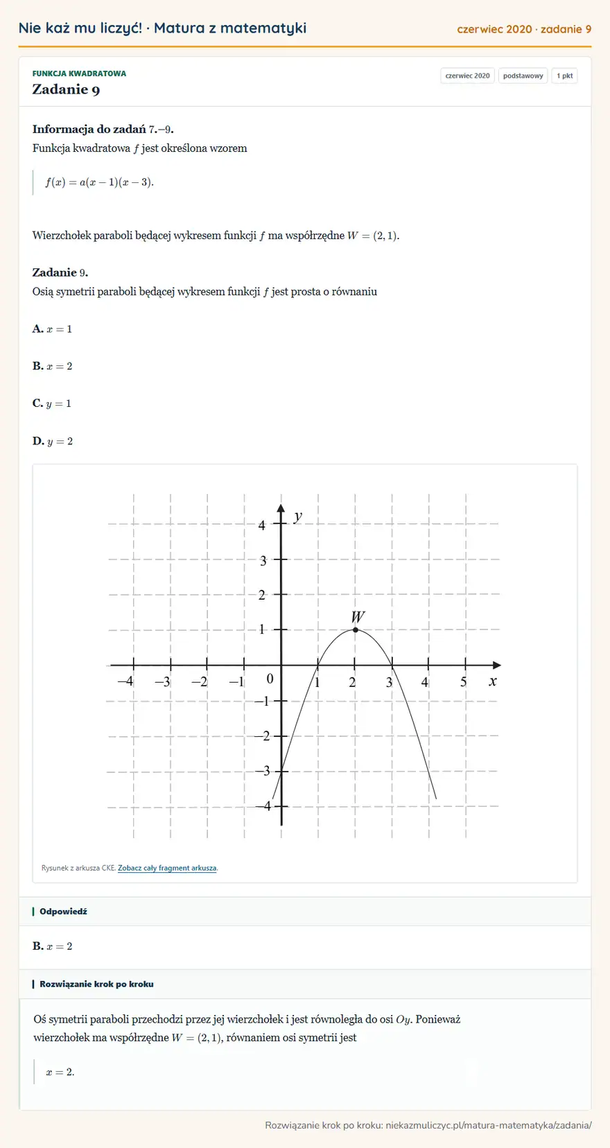 Rozwiązanie zadania 9 (matura z matematyki czerwiec 2020): Informacja do zadań 7.– 9. Funkcja kwadratowa f jest określona wzorem f(x)=a(x-1)(x-3). Wierzchołek paraboli…