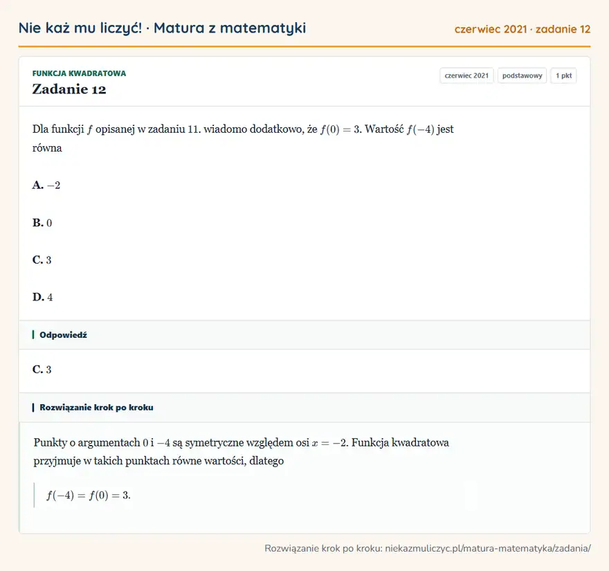 Rozwiązanie zadania 12 (matura z matematyki czerwiec 2021): Dla funkcji f opisanej w zadaniu 11. wiadomo dodatkowo, że f(0)=3. Wartość f(-4) jest równa A. -2 B. 0 C. 3…