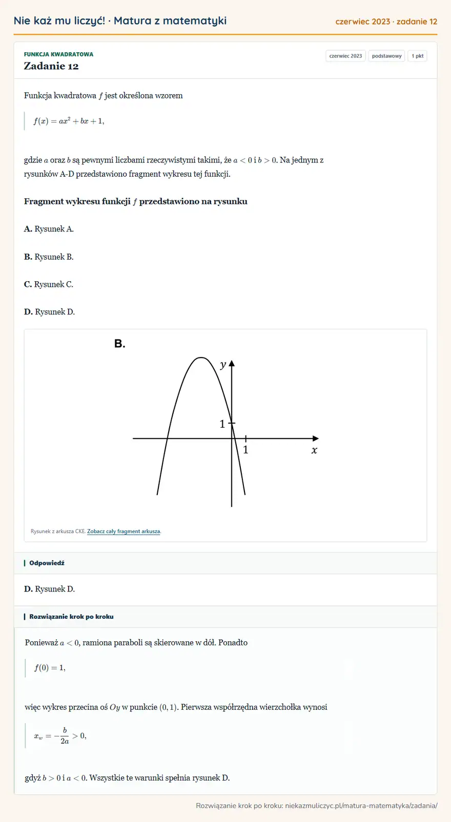 Rozwiązanie zadania 12 (matura z matematyki czerwiec 2023): Funkcja kwadratowa f jest określona wzorem f(x)=ax²+bx+1, gdzie a oraz b są pewnymi liczbami rzeczywistymi…