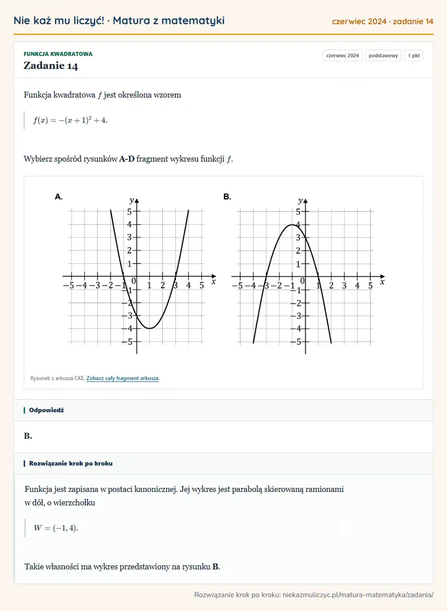 Rozwiązanie zadania 14, matura z matematyki czerwiec 2024, poziom podstawowy: Funkcja kwadratowa f jest określona wzorem f(x)=-(x+1)²+4. Wybierz spośród rysunków A-D fragment wykresu… Odpowiedź: B