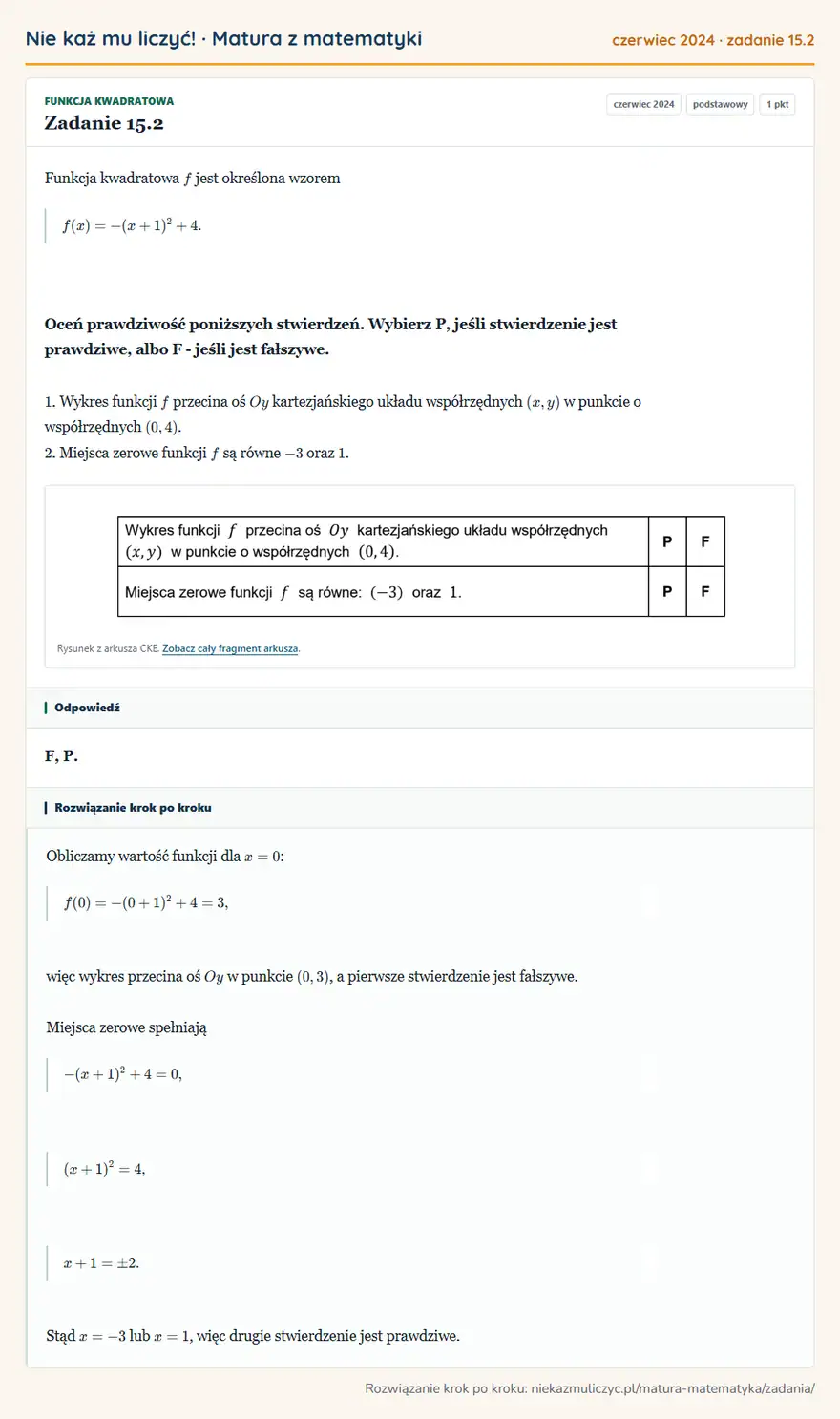 Rozwiązanie zadania 15.2 (matura z matematyki czerwiec 2024): Funkcja kwadratowa f jest określona wzorem f(x)=-(x+1)²+4. Oceń prawdziwość poniższych stwierdzeń. Wybierz P…