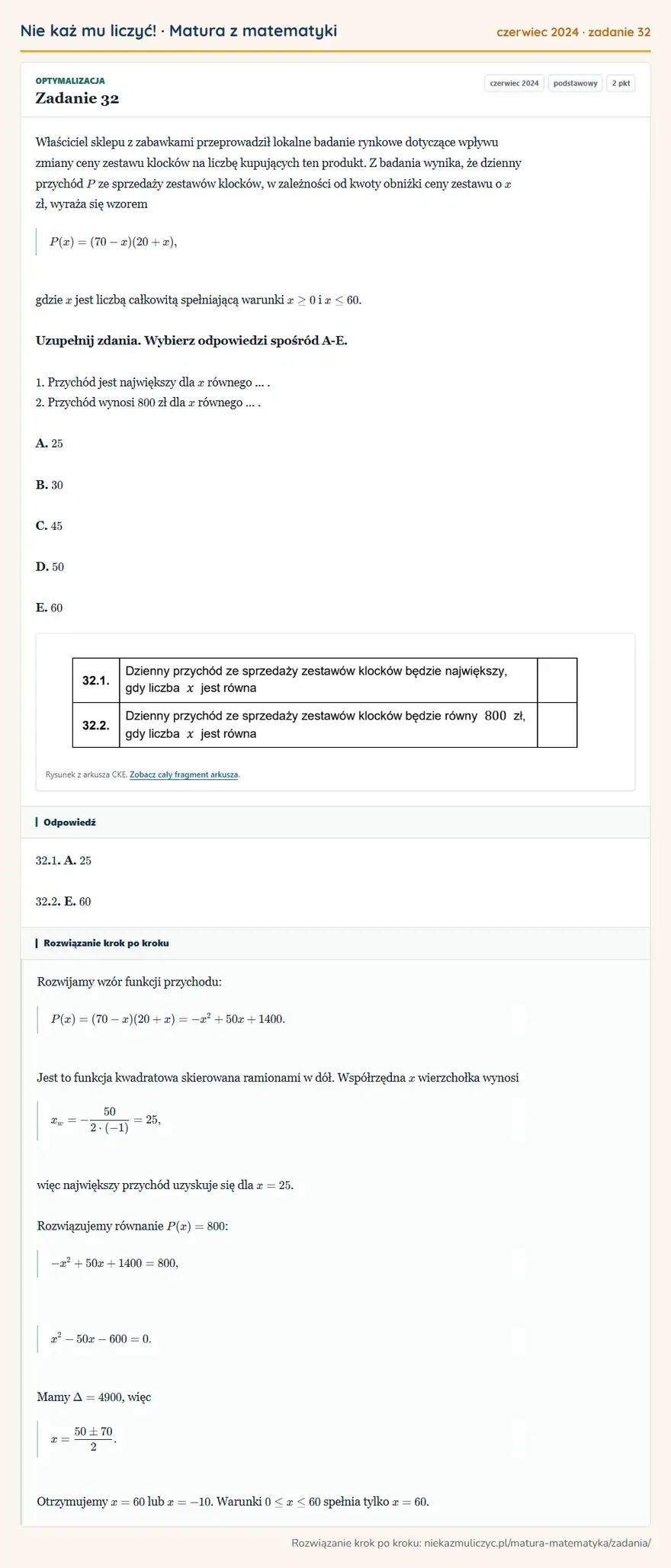 Rozwiązanie zadania 32 (matura z matematyki czerwiec 2024): Właściciel sklepu z zabawkami przeprowadził lokalne badanie rynkowe dotyczące wpływu zmiany ceny zestawu…