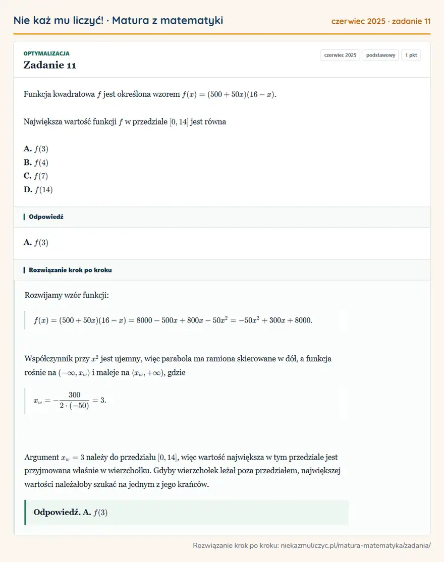 Rozwiązanie zadania 11 (matura z matematyki czerwiec 2025): Funkcja kwadratowa f jest określona wzorem f(x)=(500+50x)(16-x). Największa wartość funkcji f w przedziale…