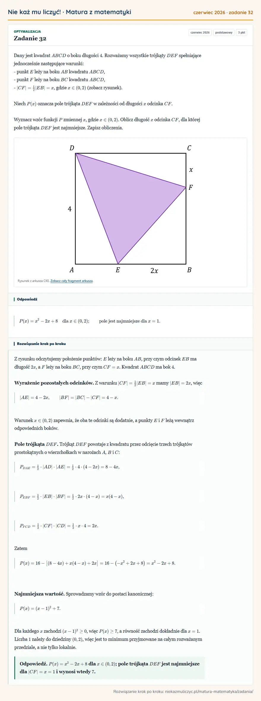 Rozwiązanie zadania 32 (matura z matematyki czerwiec 2026): Dany jest kwadrat ABCD o boku długości 4. Rozważamy wszystkie trójkąty DEF spełniające jednocześnie…