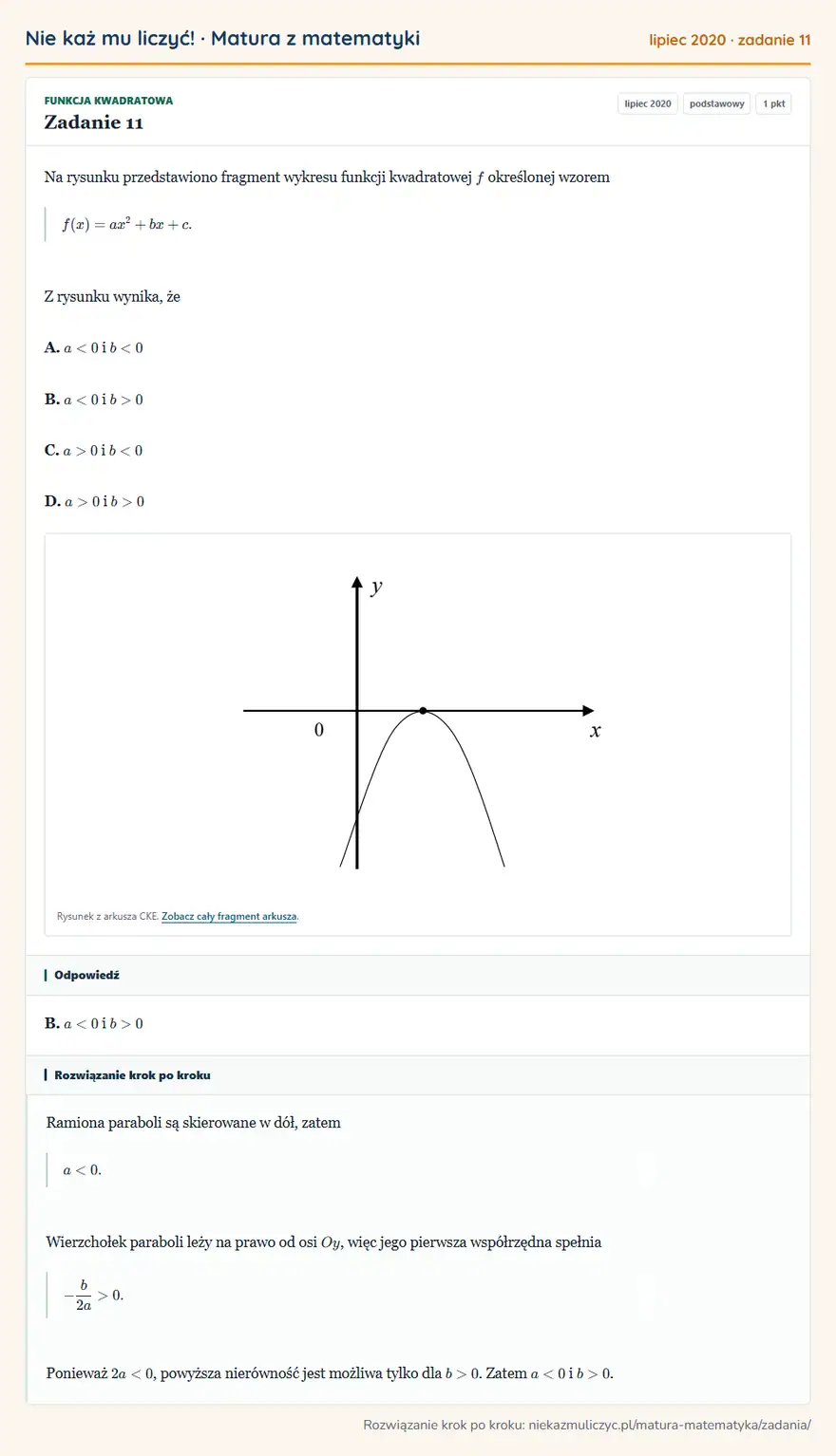 Rozwiązanie zadania 11 (matura z matematyki lipiec 2020): Na rysunku przedstawiono fragment wykresu funkcji kwadratowej f określonej wzorem f(x)=ax²+bx+c. Z rysunku…
