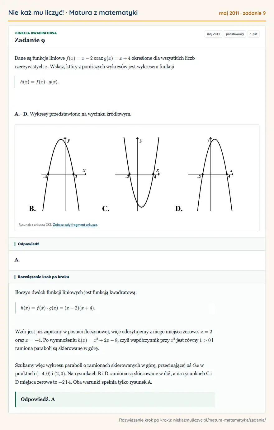 Rozwiązanie zadania 9 (matura z matematyki maj 2011): Dane są funkcje liniowe f(x)=x-2 oraz g(x)=x+4 określone dla wszystkich liczb rzeczywistych x. Wskaż, który z…
