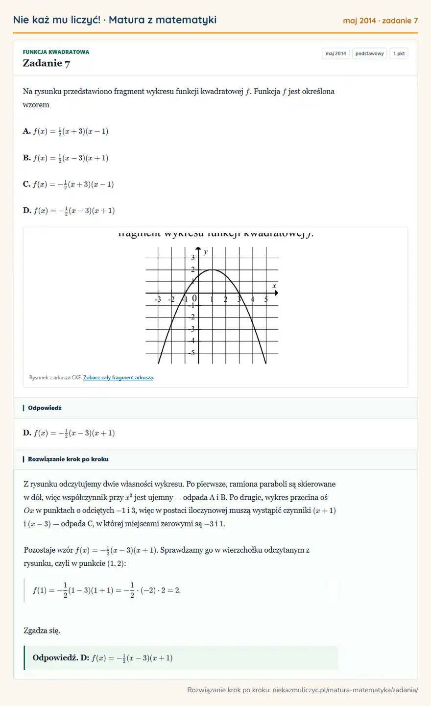 Rozwiązanie zadania 7 (matura z matematyki maj 2014): Na rysunku przedstawiono fragment wykresu funkcji kwadratowej f. Funkcja f jest określona wzorem A…